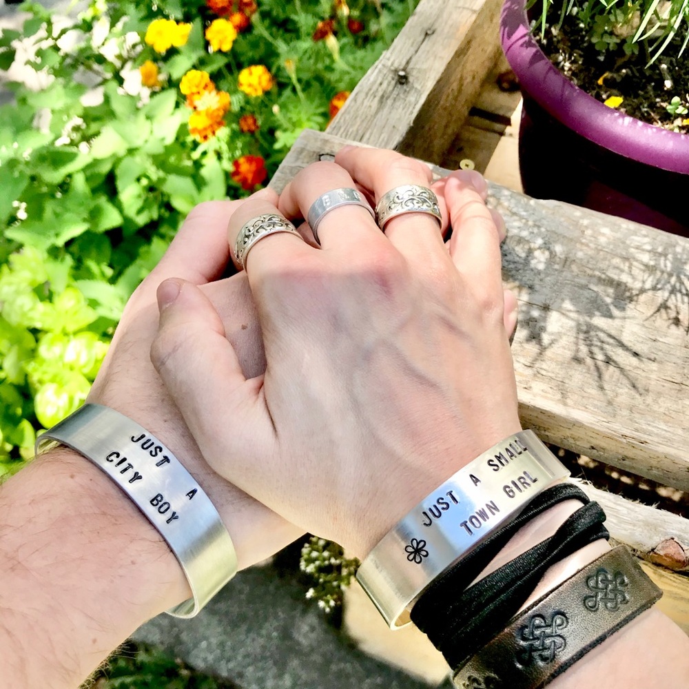Hand stamped adjustable metal cuff bracelet set